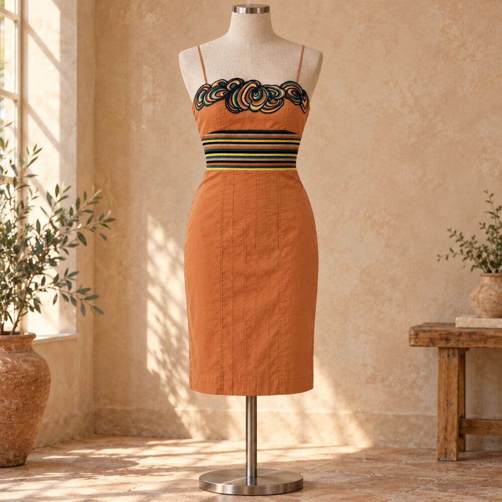 Vintage Y2K Catherine Malandrino Terracotta Embroidered Mini Dress Women’s, 8 - Picture 3 of 8